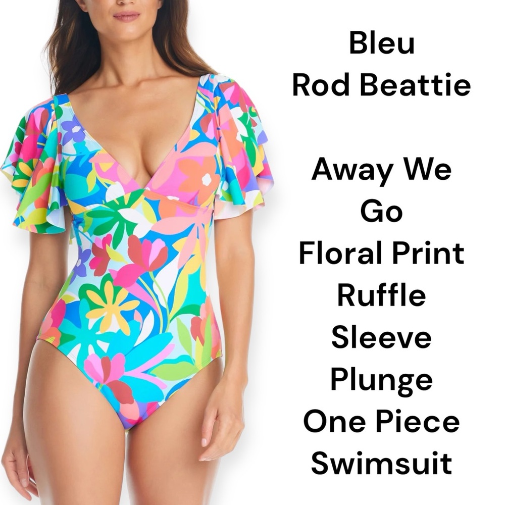 Bleu Rod Beattie multicolor retro floral ruffle sleeve one piece swimsuit size 8 - Picture 1 of 7